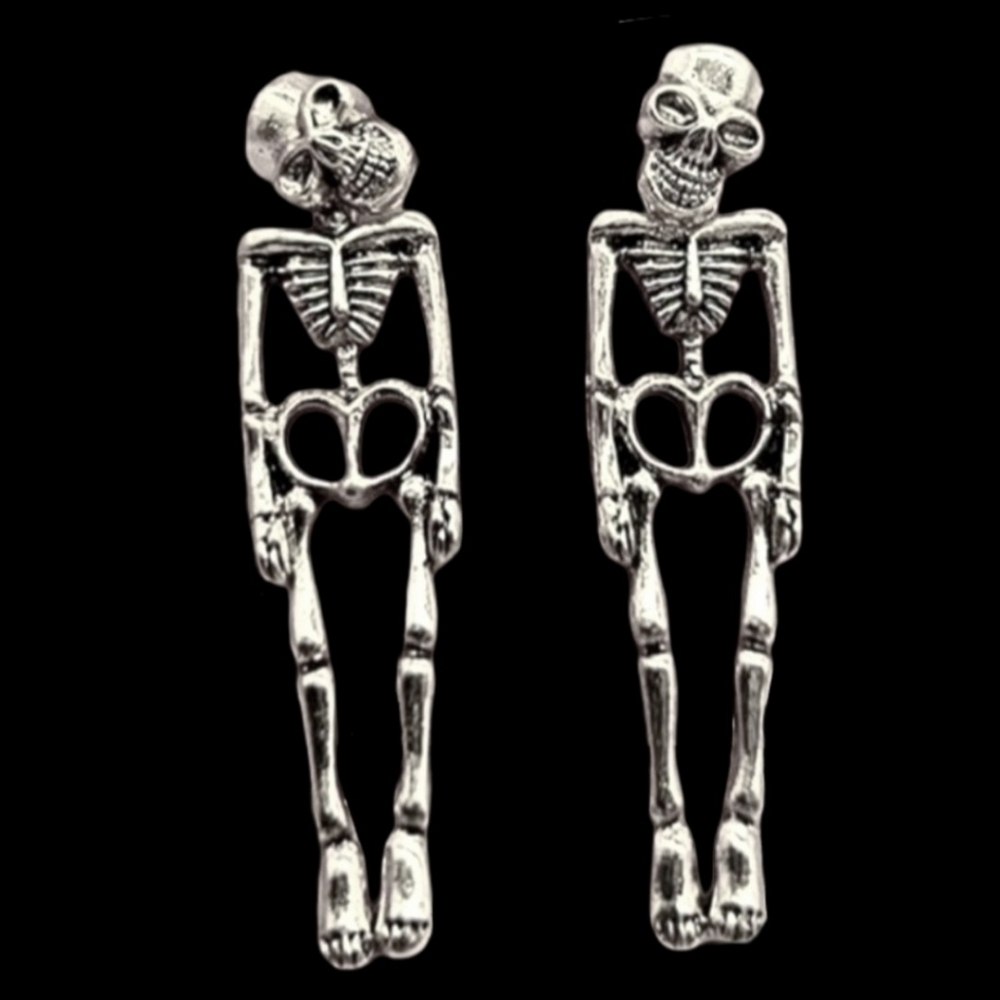 Silver Dangling Skeleton Earrings Skulls Bones Gothic Skeletons Goth Skull Studs